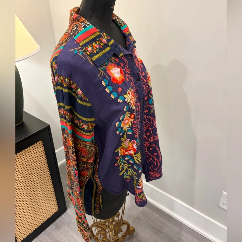 All About Her Embroidered Mosaic Button-Up Shirt 100% Cotton (XL) Hippie Gypsy - Picture 7 of 17